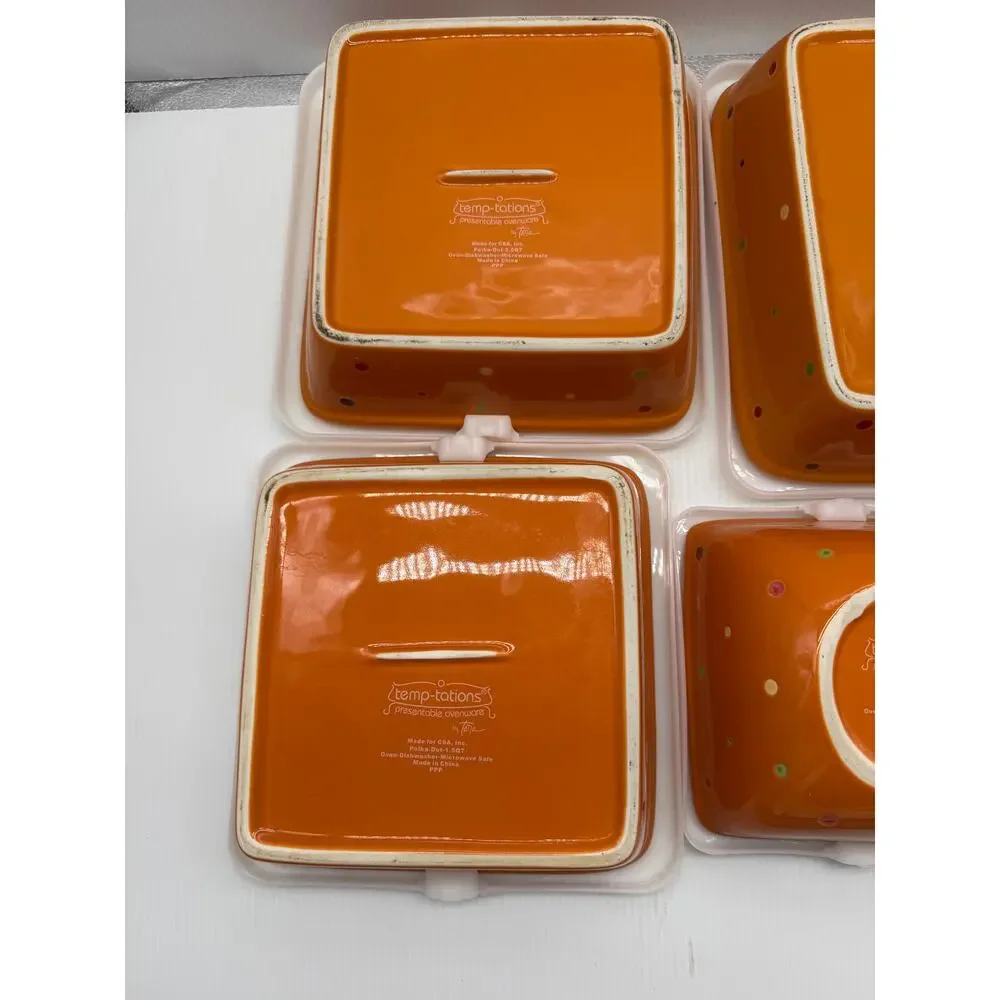 Set of 5 Temp-Tations Orange Polka Dot Casserole Baking Dishes w/ Lids